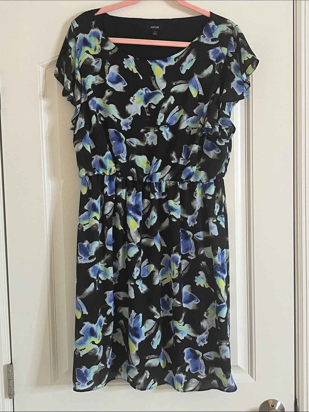 Apt. 9 Black, Chiffon, Midi Dress with Blue and Lime Green Floral Print-XL